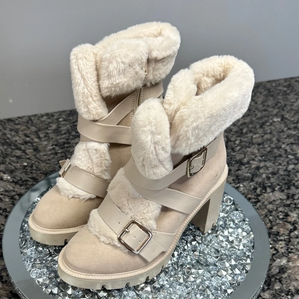 INC International Concepts Cream Faux Fur Lug Heel Winter Boots